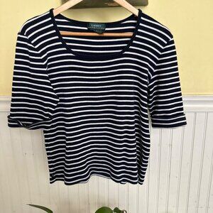 Lauren Ralph Lauren Navy & White Striped Ribbed Knit Top L